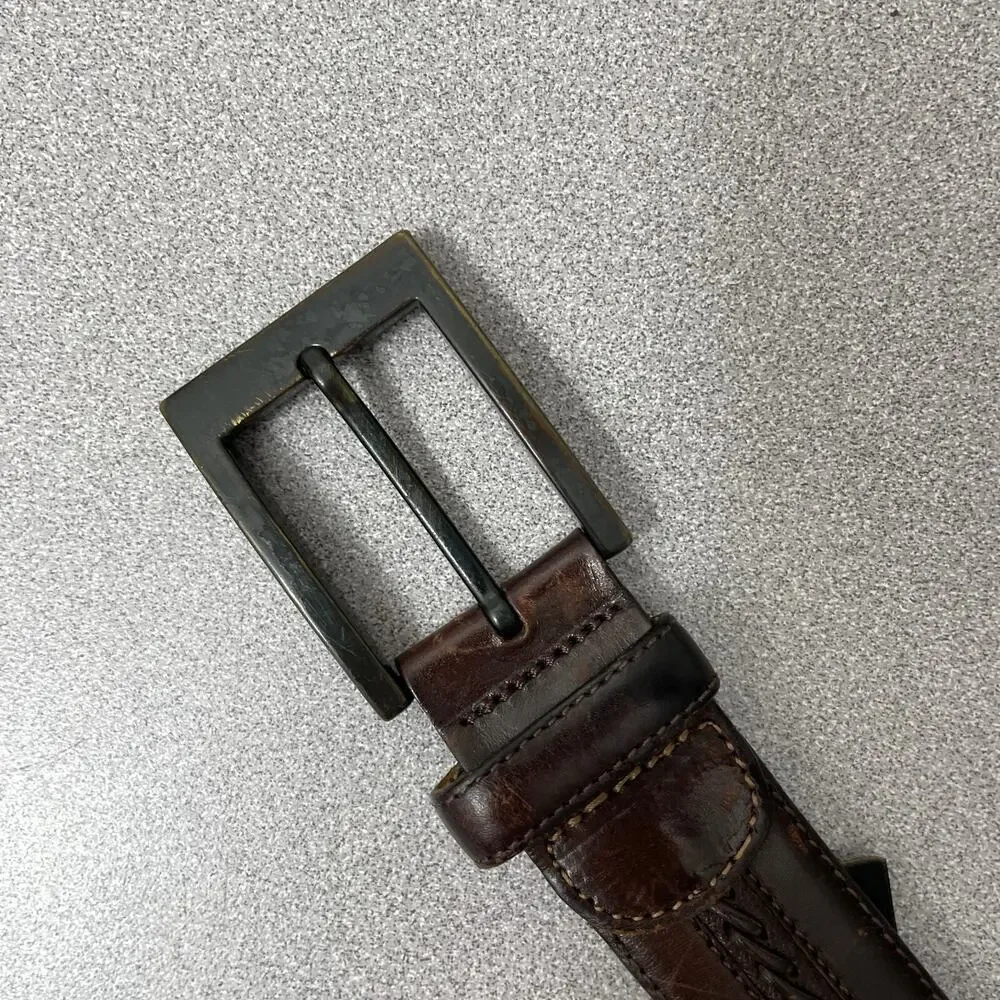 Mezlan Mens Leather Belt Size M Brown Woven Stripe Gunmetal Buckle 1.25in *